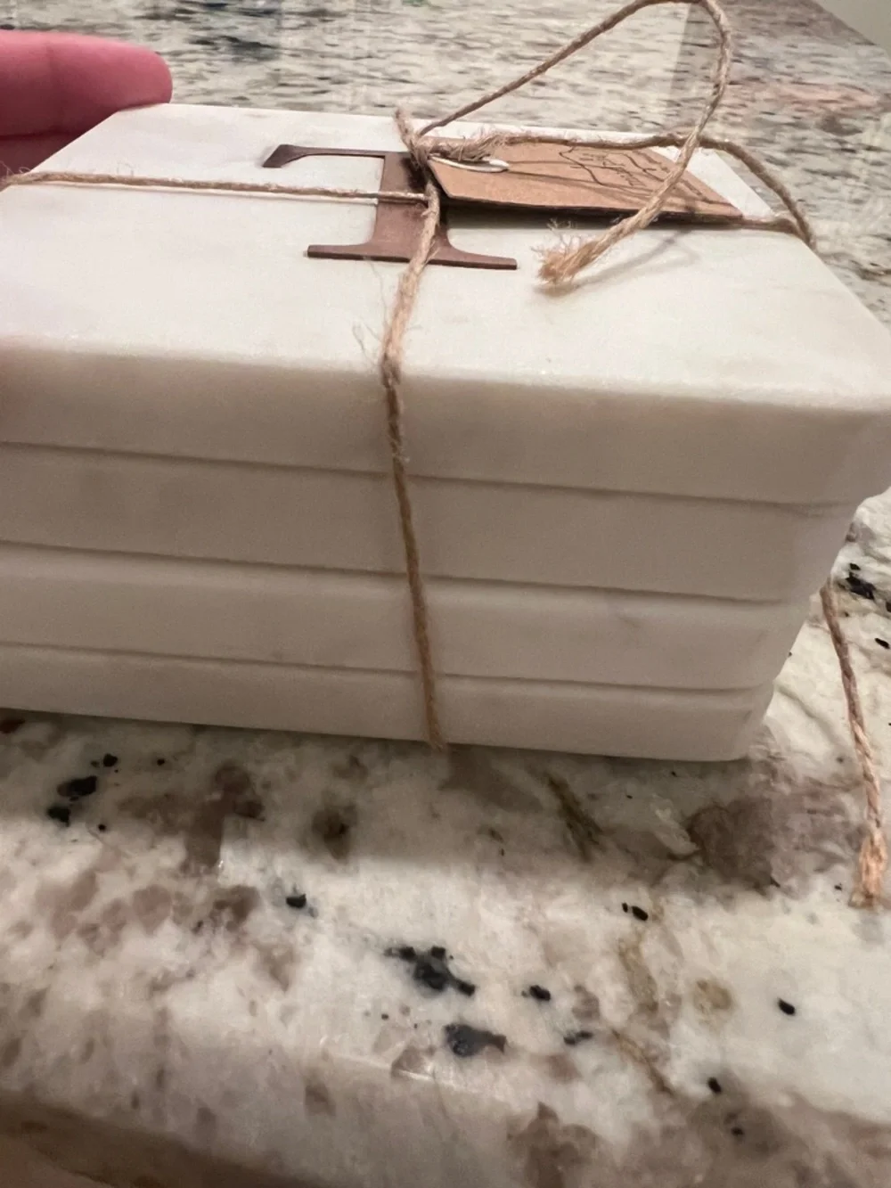Mud Pie White Marble Coaster Set with Copper Monogram T Accent